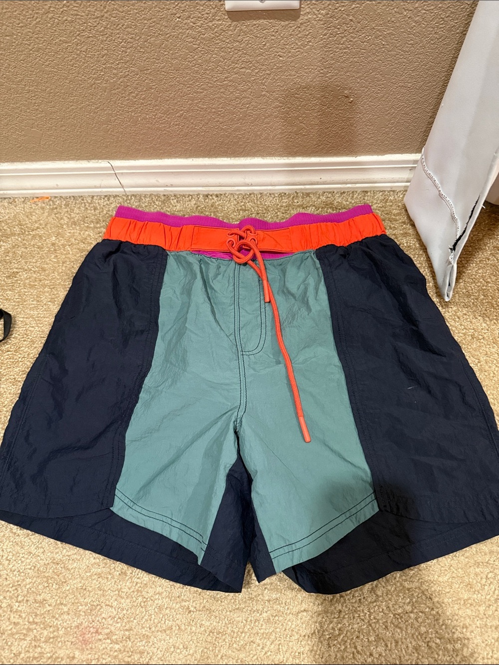 Men's Colorblock Swim Trunks - Green/Black with Orange Waist